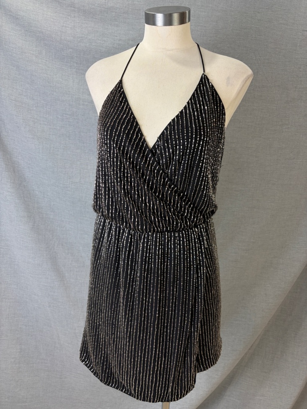 Parker NY‎ Black Silver Bugle Bead Halter Mini Dress Size 0